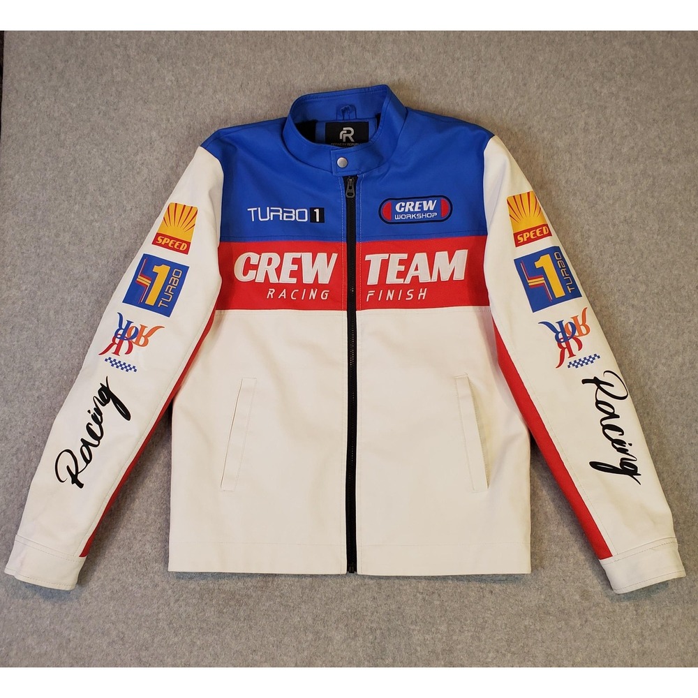 Refinery Republic Jacket Mens Small White Racing Moto Crew Team Faux Leather